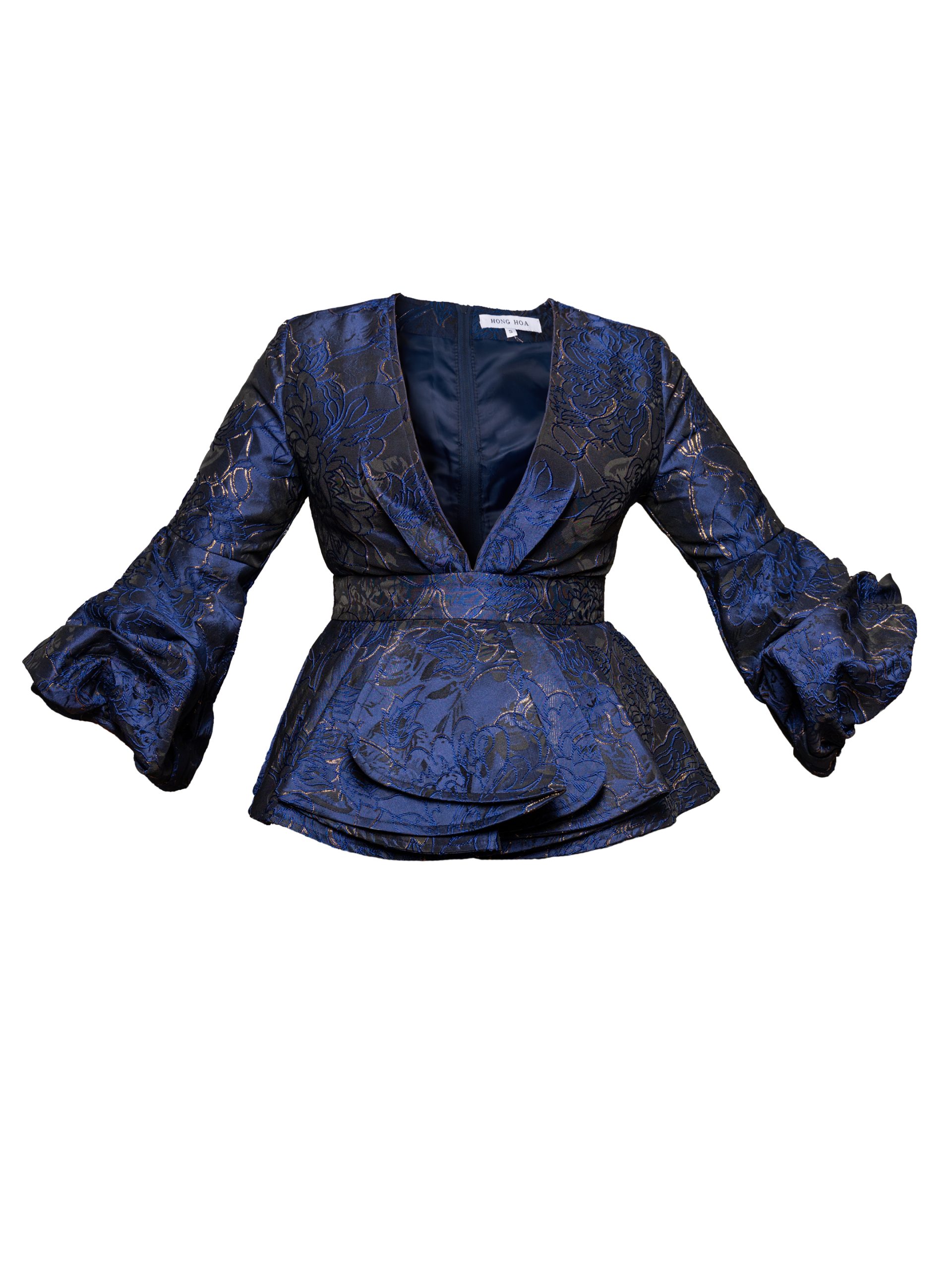 Hong Hoa Dark Blue Jacquard Peplum Top – Flying Solo NYC